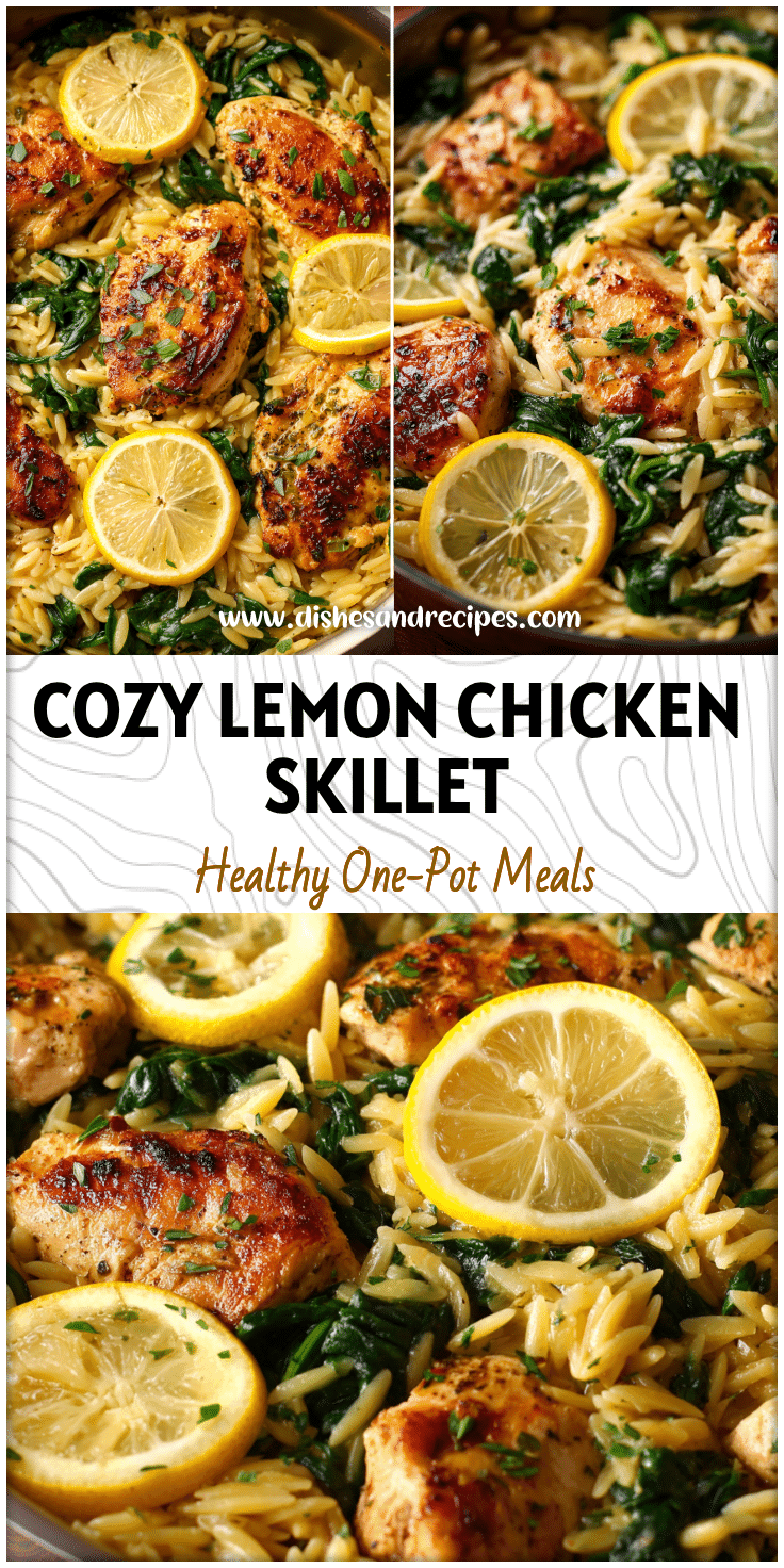 Golden lemon chicken orzo skillet with spinach served in a one-pot healthy dinner meal.